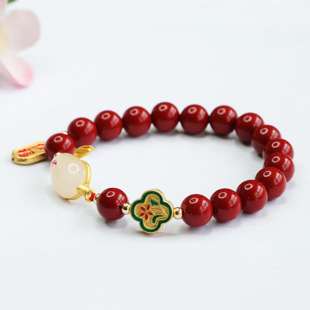 Buddha Stones Cinnabar Cute Rabbit Bunny Fu Character Calm Bracelet