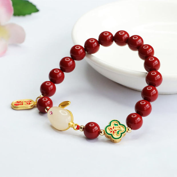 Buddha Stones Cinnabar Cute Rabbit Bunny Fu Character Calm Bracelet