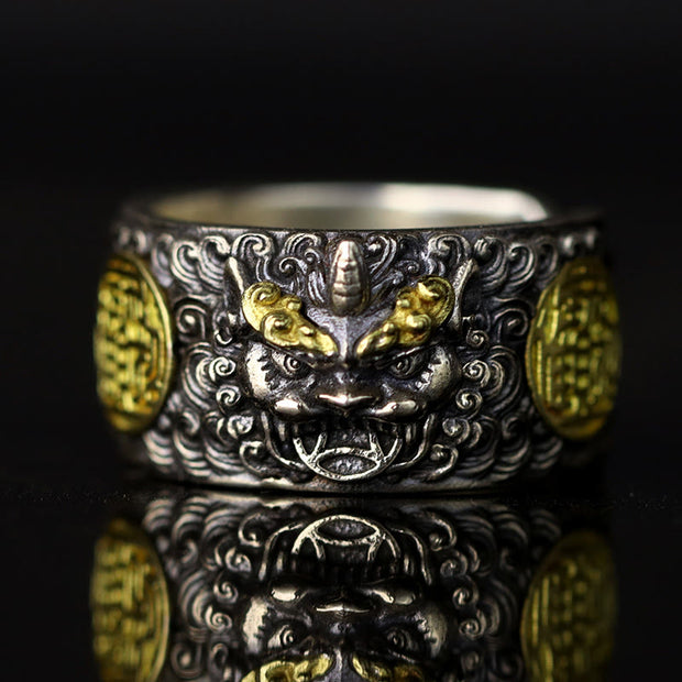 Buddha Stones 925 Sterling Silver PiXiu Copper Coin Brass Wealth Luck Adjustable Ring