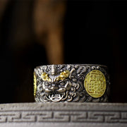 Buddha Stones 925 Sterling Silver PiXiu Copper Coin Brass Wealth Luck Adjustable Ring