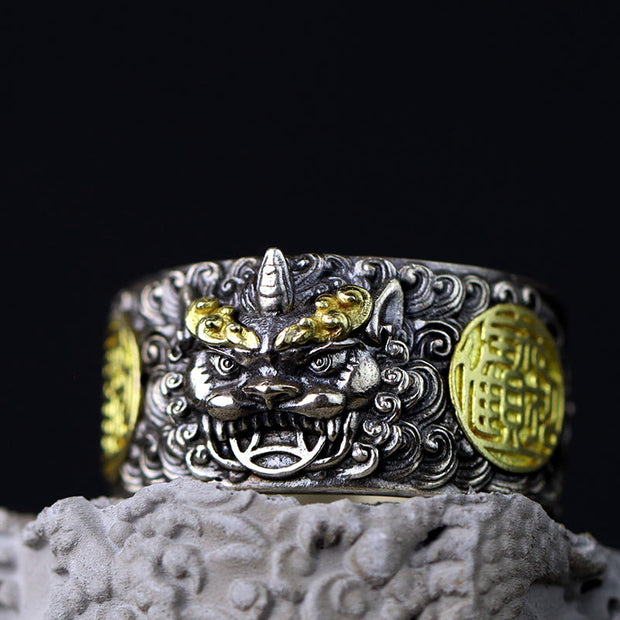 Buddha Stones 925 Sterling Silver PiXiu Copper Coin Brass Wealth Luck Adjustable Ring