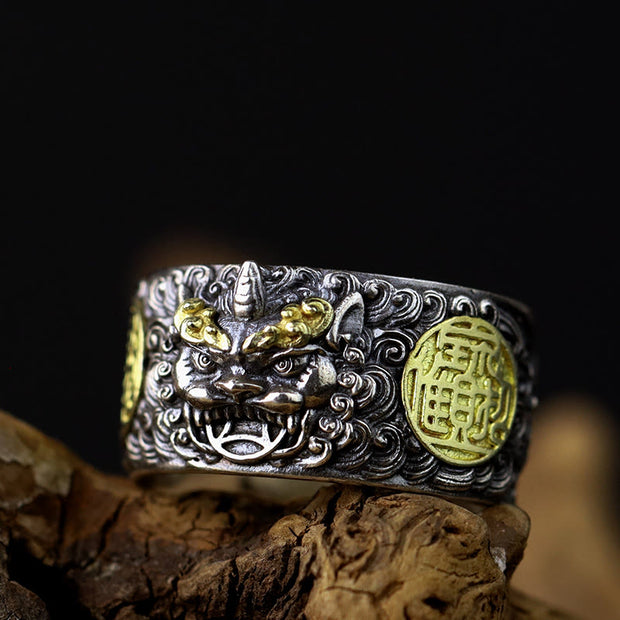Buddha Stones 925 Sterling Silver PiXiu Copper Coin Brass Wealth Luck Adjustable Ring