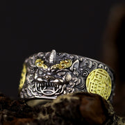 Buddha Stones 925 Sterling Silver PiXiu Copper Coin Brass Wealth Luck Adjustable Ring