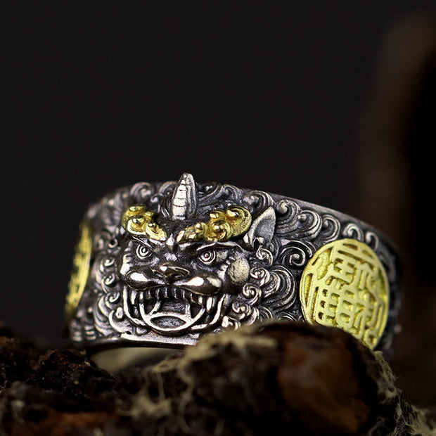 Buddha Stones 925 Sterling Silver PiXiu Copper Coin Brass Wealth Luck Adjustable Ring