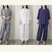 Buddha Stones Summer Casual 2pcs Plain Frog-Button Simple Design V-Neck Design Half Sleeve Shirt Top Pants With Pockets Meditation Zen Tai Chi Clothing Women's Set
