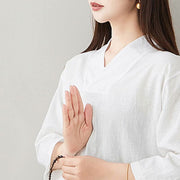 Buddha Stones Summer Casual 2pcs Plain Frog-Button Simple Design V-Neck Design Half Sleeve Shirt Top Pants With Pockets Meditation Zen Tai Chi Clothing Women's Set
