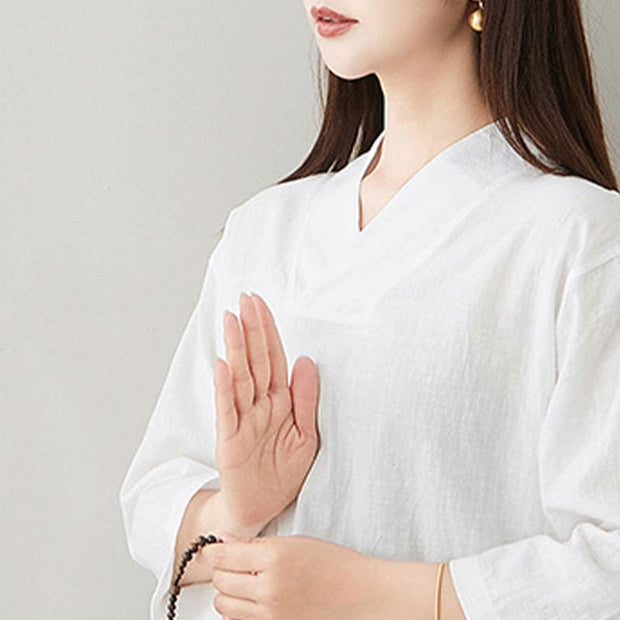 Buddha Stones Summer Casual 2pcs Plain Frog-Button Simple Design V-Neck Design Half Sleeve Shirt Top Pants With Pockets Meditation Zen Tai Chi Clothing Women's Set