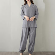 Buddha Stones Summer Casual 2pcs Plain Frog-Button Simple Design V-Neck Design Half Sleeve Shirt Top Pants With Pockets Meditation Zen Tai Chi Clothing Women's Set