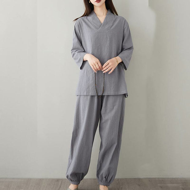 Buddha Stones Summer Casual 2pcs Plain Frog-Button Simple Design V-Neck Design Half Sleeve Shirt Top Pants With Pockets Meditation Zen Tai Chi Clothing Women's Set