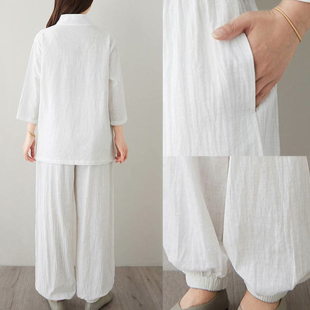 Buddha Stones Summer Casual 2pcs Plain Frog-Button Simple Design V-Neck Design Half Sleeve Shirt Top Pants With Pockets Meditation Zen Tai Chi Clothing Women's Set