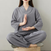 Buddha Stones Summer Casual 2pcs Plain Frog-Button Simple Design V-Neck Design Half Sleeve Shirt Top Pants With Pockets Meditation Zen Tai Chi Clothing Women's Set