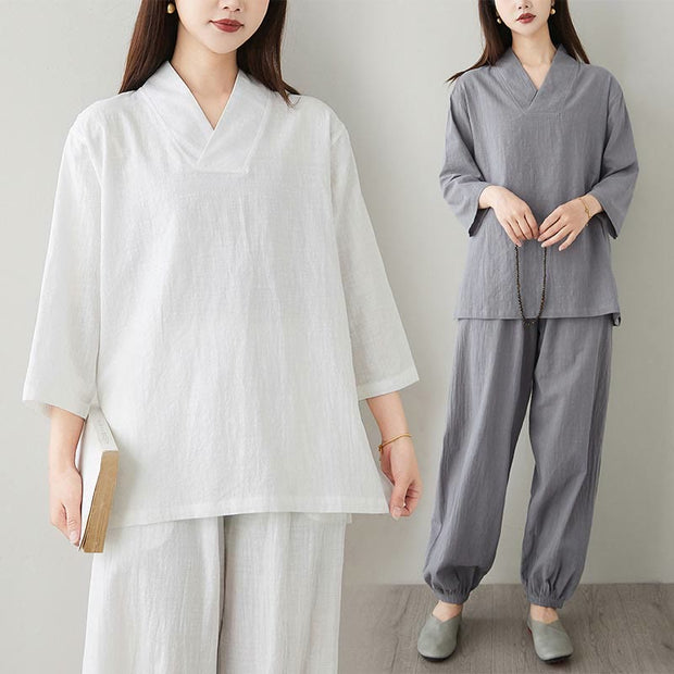 Buddha Stones Summer Casual 2pcs Plain Frog-Button Simple Design V-Neck Design Half Sleeve Shirt Top Pants With Pockets Meditation Zen Tai Chi Clothing Women's Set