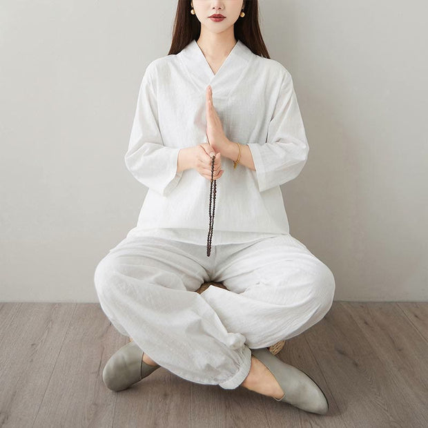 Buddha Stones Summer Casual 2pcs Plain Frog-Button Simple Design V-Neck Design Half Sleeve Shirt Top Pants With Pockets Meditation Zen Tai Chi Clothing Women's Set