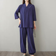 Buddha Stones Summer Casual 2pcs Plain Frog-Button Simple Design V-Neck Design Half Sleeve Shirt Top Pants With Pockets Meditation Zen Tai Chi Clothing Women's Set