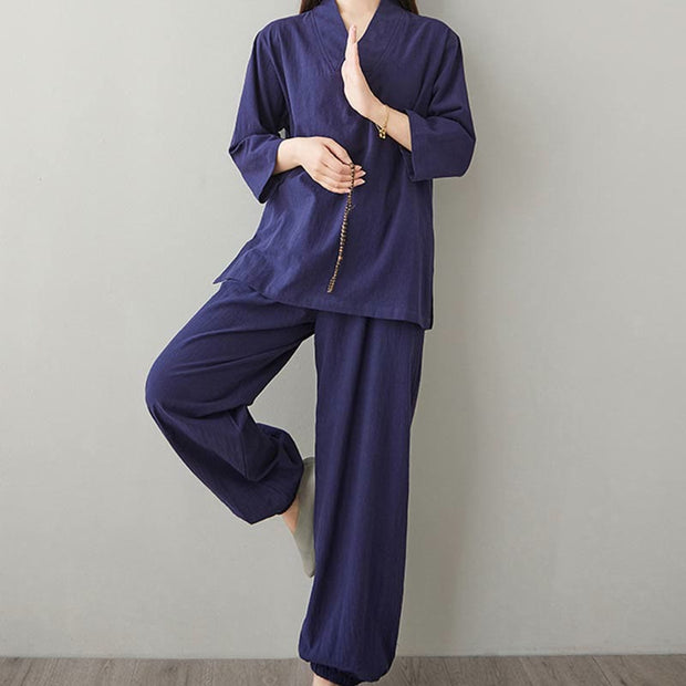 Buddha Stones Summer Casual 2pcs Plain Frog-Button Simple Design V-Neck Design Half Sleeve Shirt Top Pants With Pockets Meditation Zen Tai Chi Clothing Women's Set