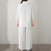 Buddha Stones Summer Casual 2pcs Plain Frog-Button Simple Design V-Neck Design Half Sleeve Shirt Top Pants With Pockets Meditation Zen Tai Chi Clothing Women's Set