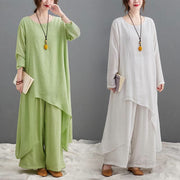 Buddha Stones Casual Vintage 2pcs Plain Simple Irregular Hem Design Crew Neck Long Sleeve T-Shirt Top Pants With Pockets Meditation Zen Tai Chi Clothing Women's Set