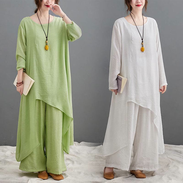 Buddha Stones Casual Vintage 2pcs Plain Simple Irregular Hem Design Crew Neck Long Sleeve T-Shirt Top Pants With Pockets Meditation Zen Tai Chi Clothing Women's Set
