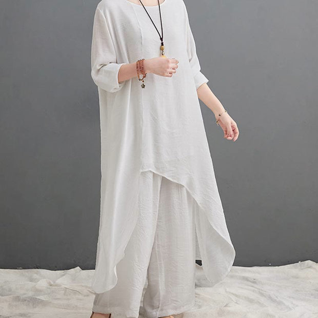 Buddha Stones Casual Vintage 2pcs Plain Simple Irregular Hem Design Crew Neck Long Sleeve T-Shirt Top Pants With Pockets Meditation Zen Tai Chi Clothing Women's Set
