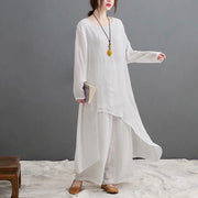 Buddha Stones Casual Vintage 2pcs Plain Simple Irregular Hem Design Crew Neck Long Sleeve T-Shirt Top Pants With Pockets Meditation Zen Tai Chi Clothing Women's Set