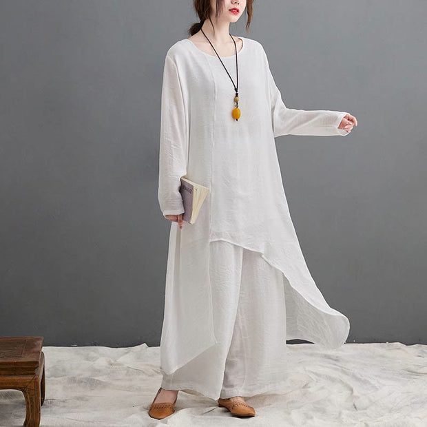 Buddha Stones Casual Vintage 2pcs Plain Simple Irregular Hem Design Crew Neck Long Sleeve T-Shirt Top Pants With Pockets Meditation Zen Tai Chi Clothing Women's Set