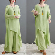 Buddha Stones Casual Vintage 2pcs Plain Simple Irregular Hem Design Crew Neck Long Sleeve T-Shirt Top Pants With Pockets Meditation Zen Tai Chi Clothing Women's Set