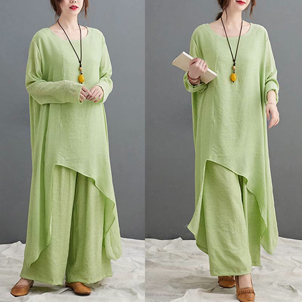 Buddha Stones Casual Vintage 2pcs Plain Simple Irregular Hem Design Crew Neck Long Sleeve T-Shirt Top Pants With Pockets Meditation Zen Tai Chi Clothing Women's Set