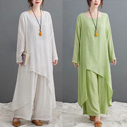Buddha Stones Casual Vintage 2pcs Plain Simple Irregular Hem Design Crew Neck Long Sleeve T-Shirt Top Pants With Pockets Meditation Zen Tai Chi Clothing Women's Set
