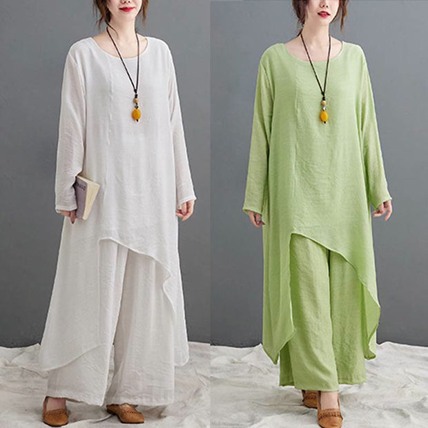 Buddha Stones Casual Vintage 2pcs Plain Simple Irregular Hem Design Crew Neck Long Sleeve T-Shirt Top Pants With Pockets Meditation Zen Tai Chi Clothing Women's Set