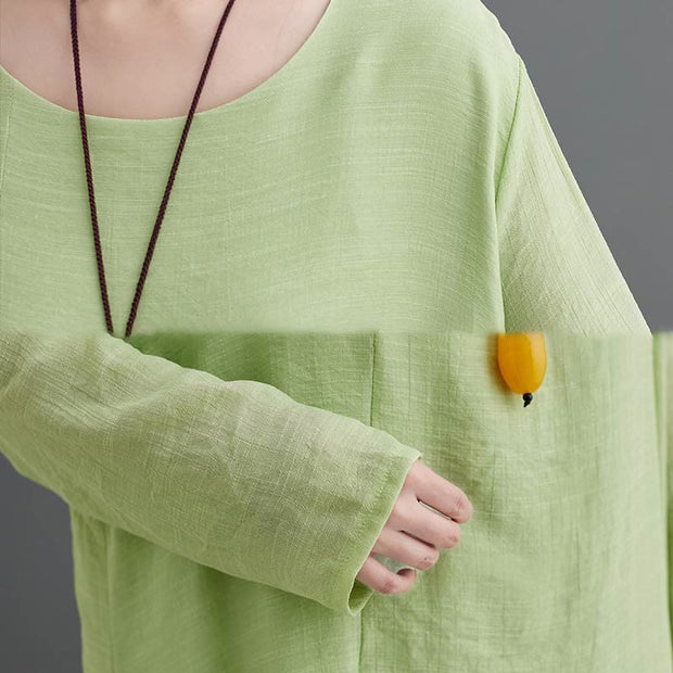 Buddha Stones Casual Vintage 2pcs Plain Simple Irregular Hem Design Crew Neck Long Sleeve T-Shirt Top Pants With Pockets Meditation Zen Tai Chi Clothing Women's Set