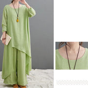 Buddha Stones Casual Vintage 2pcs Plain Simple Irregular Hem Design Crew Neck Long Sleeve T-Shirt Top Pants With Pockets Meditation Zen Tai Chi Clothing Women's Set
