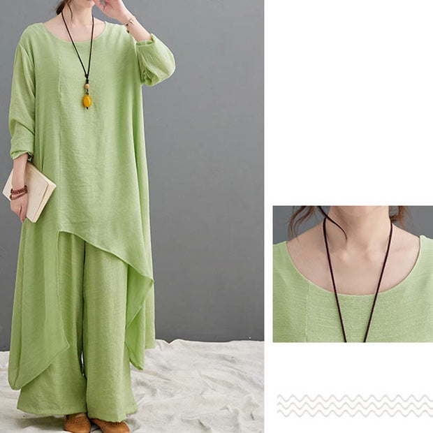 Buddha Stones Casual Vintage 2pcs Plain Simple Irregular Hem Design Crew Neck Long Sleeve T-Shirt Top Pants With Pockets Meditation Zen Tai Chi Clothing Women's Set