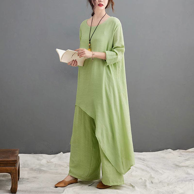 Buddha Stones Casual Vintage 2pcs Plain Simple Irregular Hem Design Crew Neck Long Sleeve T-Shirt Top Pants With Pockets Meditation Zen Tai Chi Clothing Women's Set