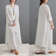 Buddha Stones Casual Vintage 2pcs Plain Simple Irregular Hem Design Crew Neck Long Sleeve T-Shirt Top Pants With Pockets Meditation Zen Tai Chi Clothing Women's Set