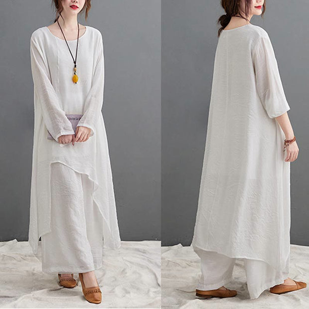 Buddha Stones Casual Vintage 2pcs Plain Simple Irregular Hem Design Crew Neck Long Sleeve T-Shirt Top Pants With Pockets Meditation Zen Tai Chi Clothing Women's Set
