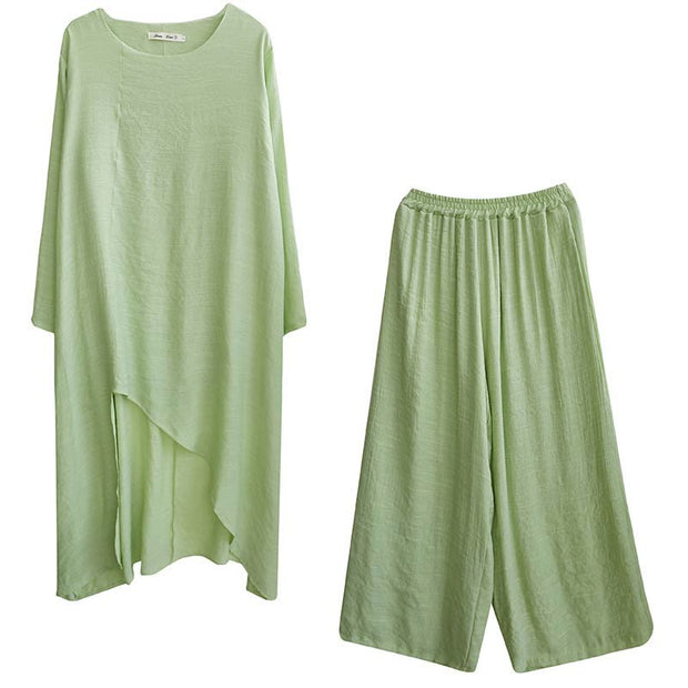 Buddha Stones Casual Vintage 2pcs Plain Simple Irregular Hem Design Crew Neck Long Sleeve T-Shirt Top Pants With Pockets Meditation Zen Tai Chi Clothing Women's Set