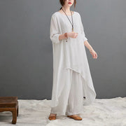 Buddha Stones Casual Vintage 2pcs Plain Simple Irregular Hem Design Crew Neck Long Sleeve T-Shirt Top Pants With Pockets Meditation Zen Tai Chi Clothing Women's Set