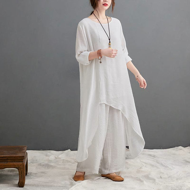 Buddha Stones Casual Vintage 2pcs Plain Simple Irregular Hem Design Crew Neck Long Sleeve T-Shirt Top Pants With Pockets Meditation Zen Tai Chi Clothing Women's Set
