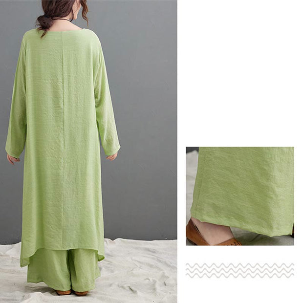 Buddha Stones Casual Vintage 2pcs Plain Simple Irregular Hem Design Crew Neck Long Sleeve T-Shirt Top Pants With Pockets Meditation Zen Tai Chi Clothing Women's Set