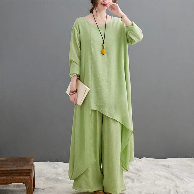 Buddha Stones Casual Vintage 2pcs Plain Simple Irregular Hem Design Crew Neck Long Sleeve T-Shirt Top Pants With Pockets Meditation Zen Tai Chi Clothing Women's Set