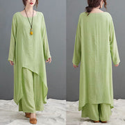 Buddha Stones Casual Vintage 2pcs Plain Simple Irregular Hem Design Crew Neck Long Sleeve T-Shirt Top Pants With Pockets Meditation Zen Tai Chi Clothing Women's Set