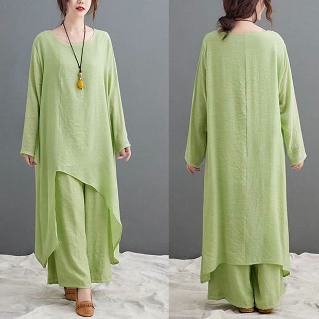 Buddha Stones Casual Vintage 2pcs Plain Simple Irregular Hem Design Crew Neck Long Sleeve T-Shirt Top Pants With Pockets Meditation Zen Tai Chi Clothing Women's Set