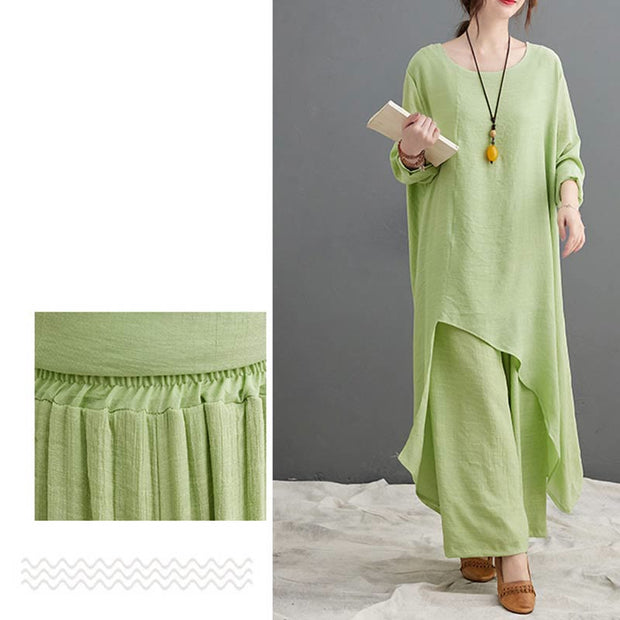 Buddha Stones Casual Vintage 2pcs Plain Simple Irregular Hem Design Crew Neck Long Sleeve T-Shirt Top Pants With Pockets Meditation Zen Tai Chi Clothing Women's Set