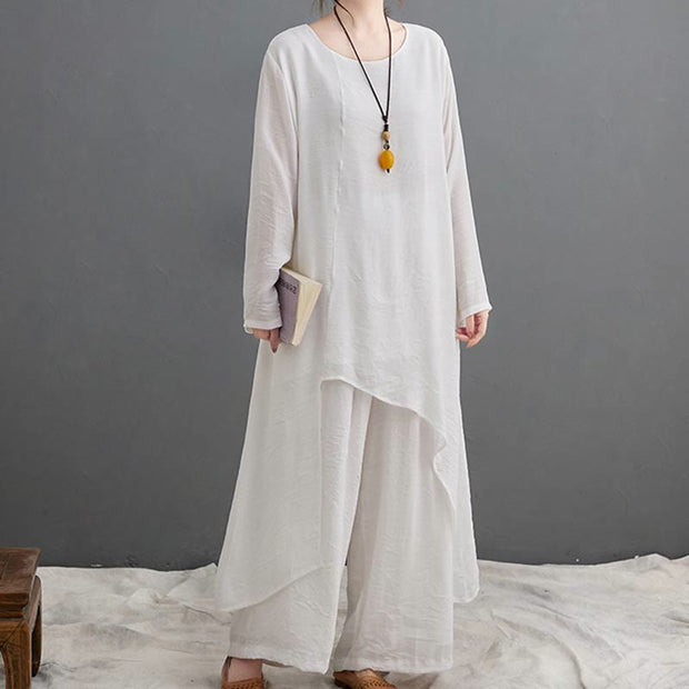 Buddha Stones Casual Vintage 2pcs Plain Simple Irregular Hem Design Crew Neck Long Sleeve T-Shirt Top Pants With Pockets Meditation Zen Tai Chi Clothing Women's Set