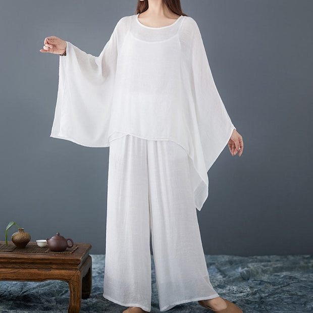 Buddha Stones Casual Vintage White 3pcs Plain Irregular Hem Design Sleeveless Top Wide Leg Pants With Pockets Capelet Meditation Zen Tai Chi Clothing Women's Set