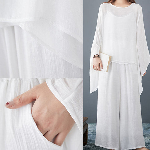 Buddha Stones Casual Vintage White 3pcs Plain Irregular Hem Design Sleeveless Top Wide Leg Pants With Pockets Capelet Meditation Zen Tai Chi Clothing Women's Set