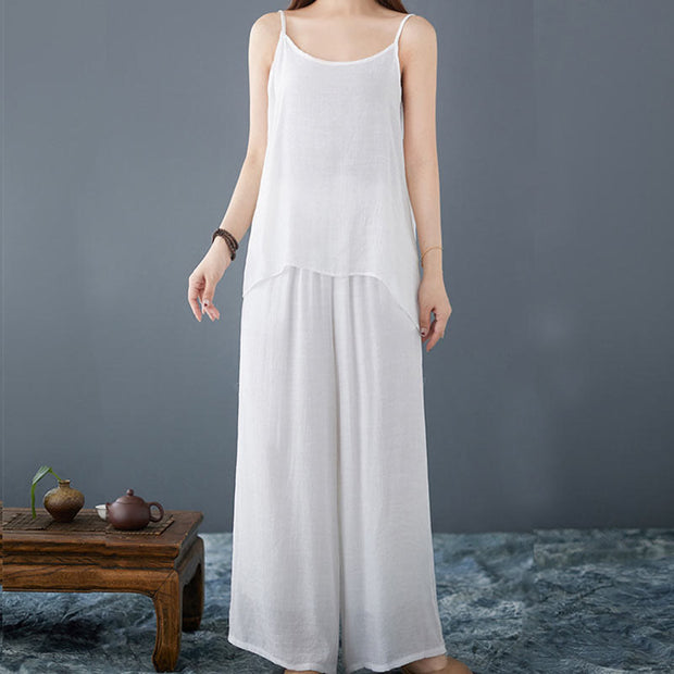 Buddha Stones Casual Vintage White 3pcs Plain Irregular Hem Design Sleeveless Top Wide Leg Pants With Pockets Capelet Meditation Zen Tai Chi Clothing Women's Set