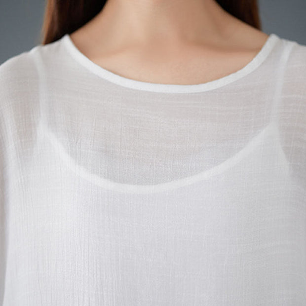 Buddha Stones Casual Vintage White 3pcs Plain Irregular Hem Design Sleeveless Top Wide Leg Pants With Pockets Capelet Meditation Zen Tai Chi Clothing Women's Set