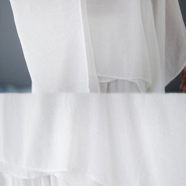 Buddha Stones Casual Vintage White 3pcs Plain Irregular Hem Design Sleeveless Top Wide Leg Pants With Pockets Capelet Meditation Zen Tai Chi Clothing Women's Set