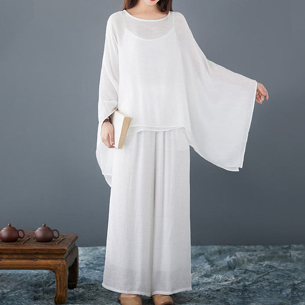 Buddha Stones Casual Vintage White 3pcs Plain Irregular Hem Design Sleeveless Top Wide Leg Pants With Pockets Capelet Meditation Zen Tai Chi Clothing Women's Set